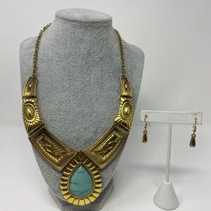 Gold and Turquoise Necklace and Earring Set